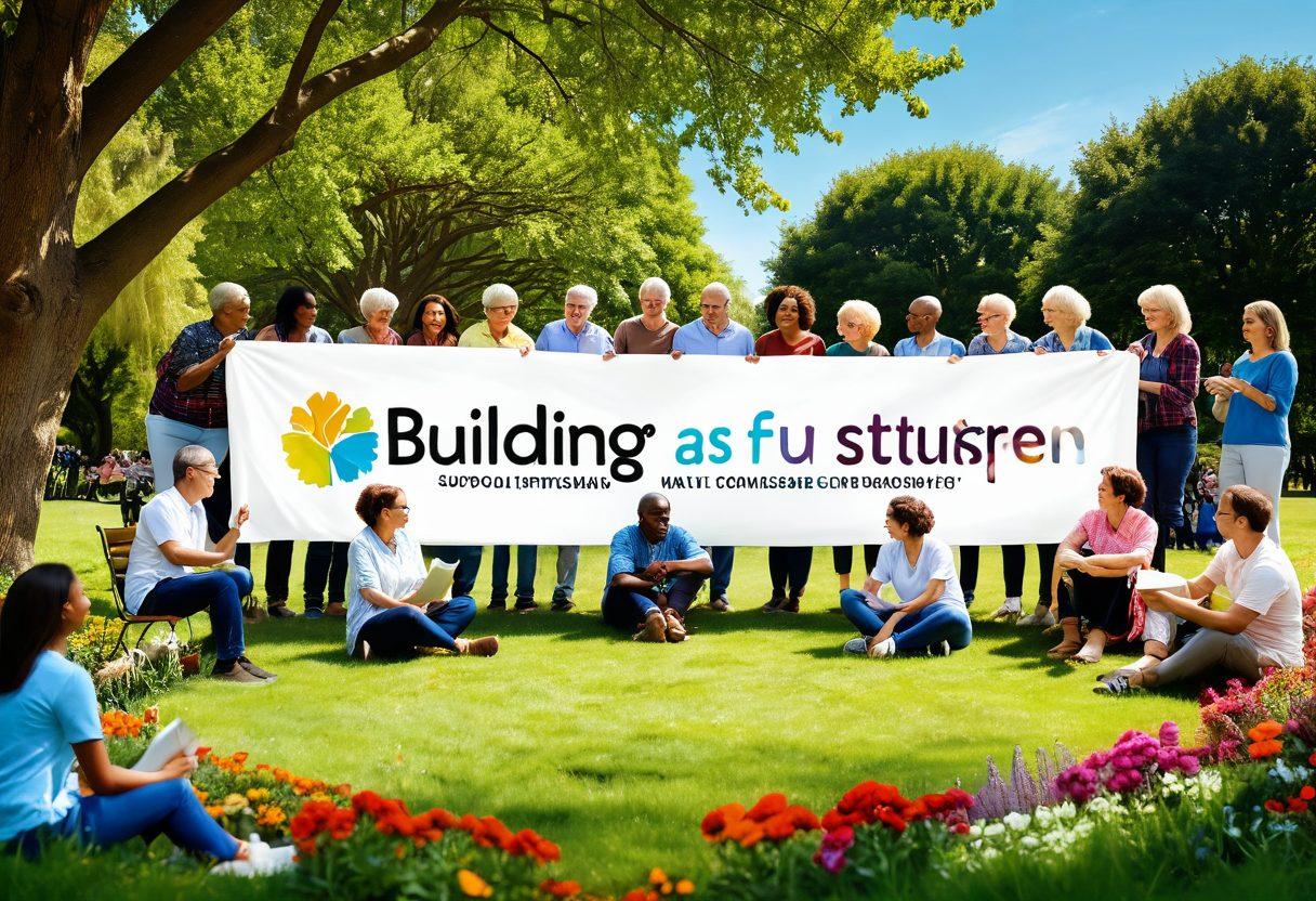 A diverse group of people from various backgrounds joyfully collaborating in a sunny park setting, surrounded by trees and flowers, representing community support in financial growth. Include a large banner that reads 'Building a Blissful Future', while some individuals share ideas and others are engaged in activities like gardening or sharing books. The atmosphere is warm and inviting, symbolizing unity and positivity. bright colors. illustration.