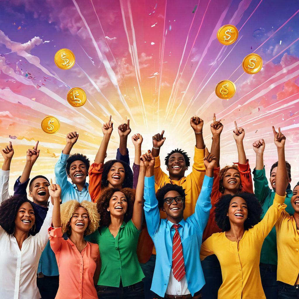 A vibrant, uplifting scene depicting a diverse group of people celebrating financial success, surrounded by symbols of prosperity like dollar signs, upward graphs, and golden coins. The background should convey a sense of empowerment with rays of sunshine breaking through clouds, symbolizing hope and positivity. Include elements like charts and financial documents in their hands, smiling faces reflecting joy and achievement. super-realistic. vibrant colors. cheerful ambiance.
